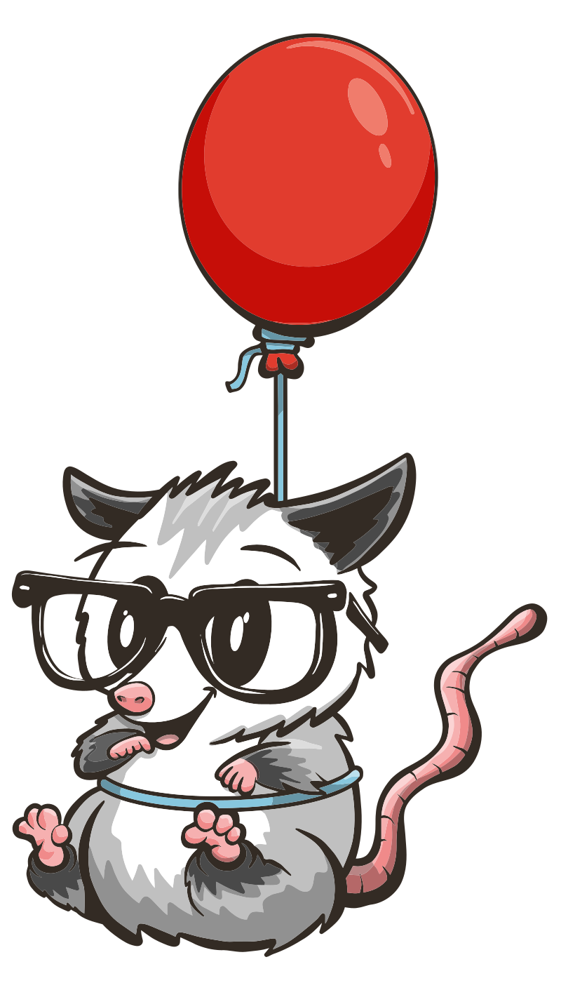 A possum in glasses suspended from a red balloon