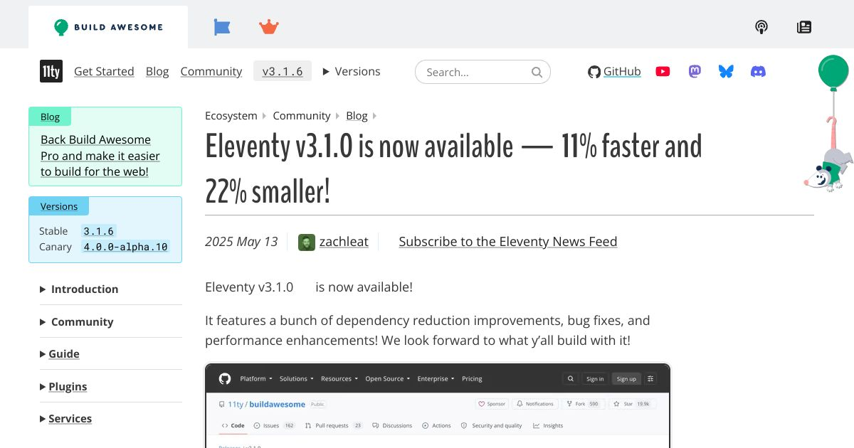 Eleventy v3.1.0 is now available — 11% faster and 22% smaller! — Eleventy