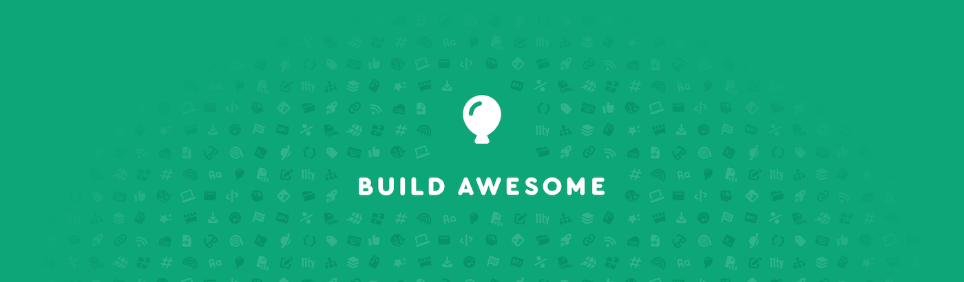 Build Awesome in white text with the Build Awesome balloon, set amongst a variety of Font Awesome icons in the background